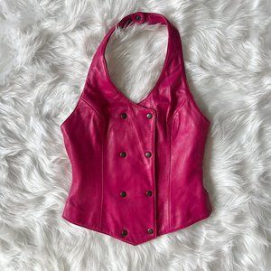 Genuine Leather Berry Pink Magenta Fuchsia Halter Top